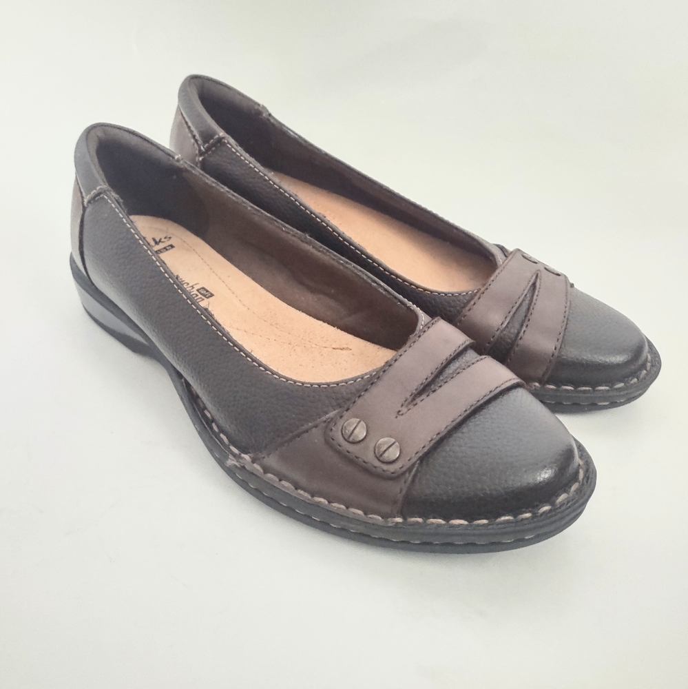Clarks Peg Abbie Slip On Flats Womens Sz 6.5 M EU 37 Leather Comfort Shoes Brown